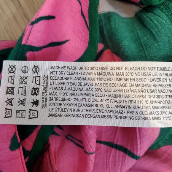 Mango High Rise Wide Leg Pants 8 Pink Green Tropical Resortwear Hawaiian Travel - Picture 12 of 12